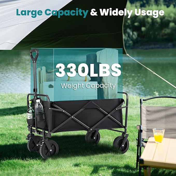 Sweetcrispy Collapsible Foldable Wagon Cart, Large Capacity Garden Cart with Wheels, Heavy Duty Utility Grocery Wagon with Drink Holders for Shopping Sports Camping,Extra Large Black