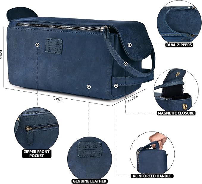 LEATHER VILLAGE Premium Leather Travel Toiletry Bag - Unisex Water-Resistant Travel Dopp Kit, Shaving & Cosmetic Organizer for Men & Women - Compact Bathroom Essentials - Royal Blue