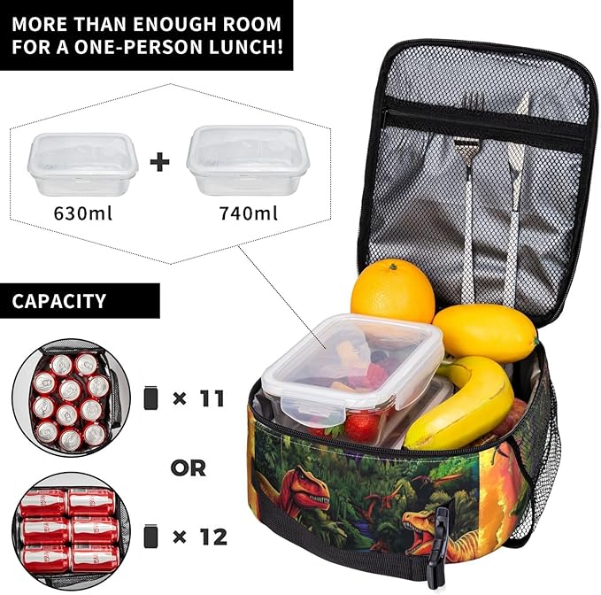 Dinosaur Lunch Bag Insulated Reusable Lunch Box Thermal Cooler Tote For Men Women Work Travel Picnic Hiking