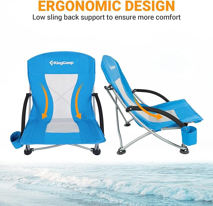 KingCamp Low Beach Chairs, Portable Folding Chair for Adults Extra Wide Ergonomic High Back Seat 300lbs Heavy Duty Lightweight Oversized Gear with Carry Bag for Outdoor Lawn Camping Picnic