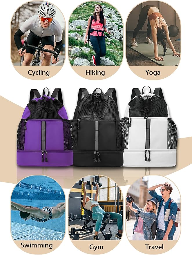 U.helper Waterproof Gym Drawstring Backpack, Sports Sack with Shoes Compartment & Wet Pockets for Ball/Beach/Swim Training (Black)