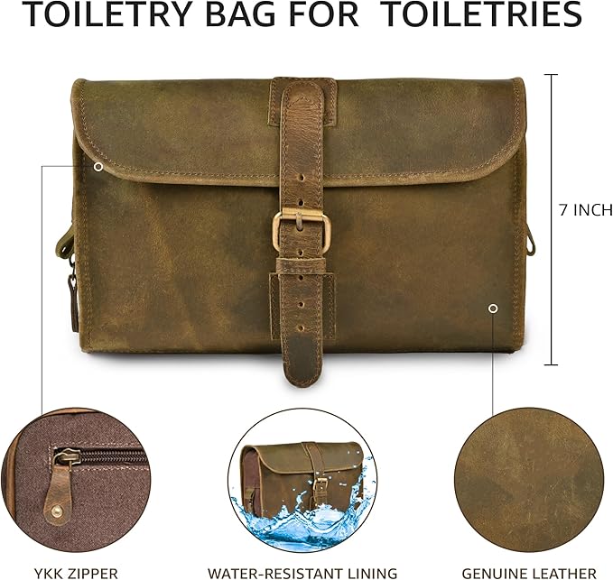 LEATHER VILLAGE Hanging Toiletry Bag for Men & Women, Handcrafted Vintage Cosmetic & Shaving Organizer Travel Dopp Kit- Mud