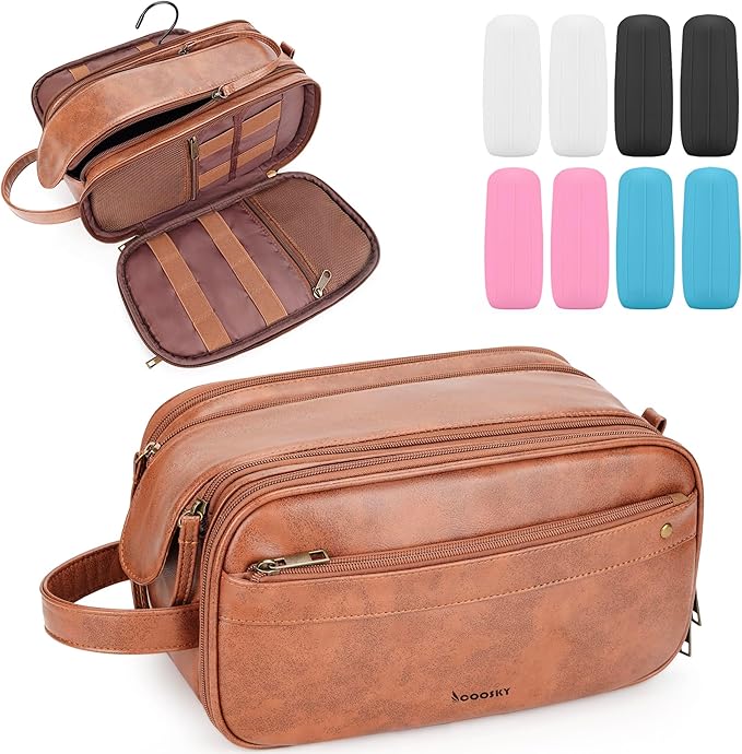 Travel Toiletry Bag for Men, Large Hanging Toiletries Organizer Bags, Cruise Ship Essentials, Water-resistant Shaving Case, PU Leather Makeup Accessories, Cosmetic Dopp Kit, Brown