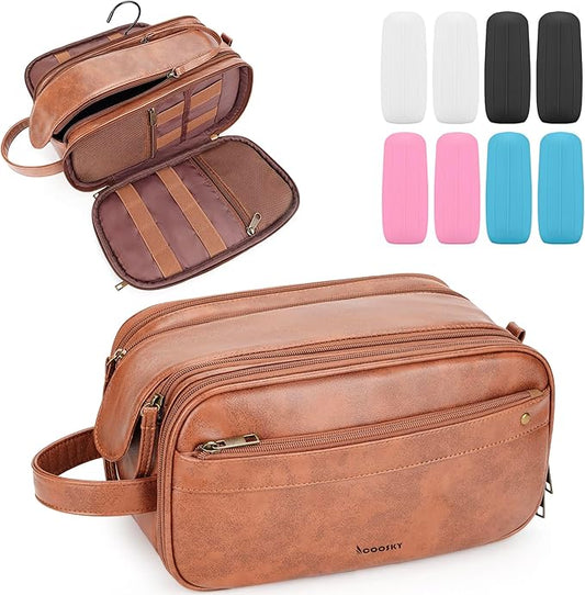 Travel Toiletry Bag for Men, Large Hanging Toiletries Organizer Bags, Cruise Ship Essentials, Water-resistant Shaving Case, PU Leather Makeup Accessories, Cosmetic Dopp Kit, Brown