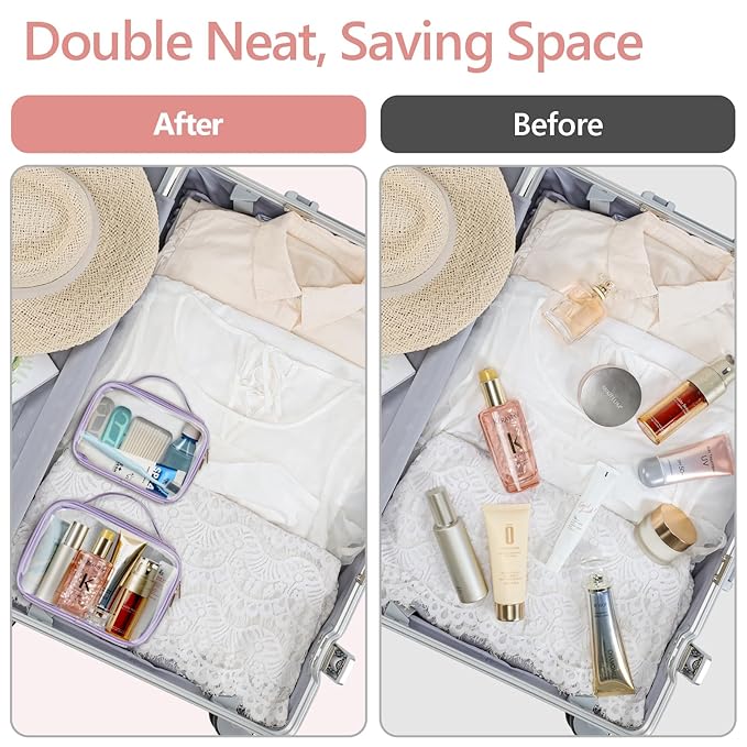 PACKISM TSA Approved Toiletry Bag - Glitter Textured Clear Travel Bag, Personalized and Fashion, with 180° Large Opening and Supporting Frame, Perfect for Travel Essentials, Thick No Smell, Purple