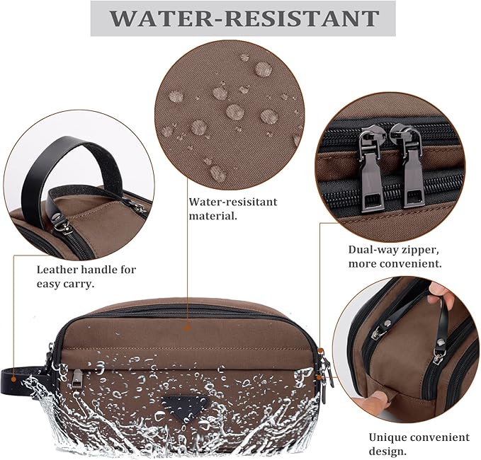 Mens Toiletry Bag Travel Leather Toiletry Organizer Dopp Kit for Men Water-resistant Shaving Bag for Bathroom (Brown)