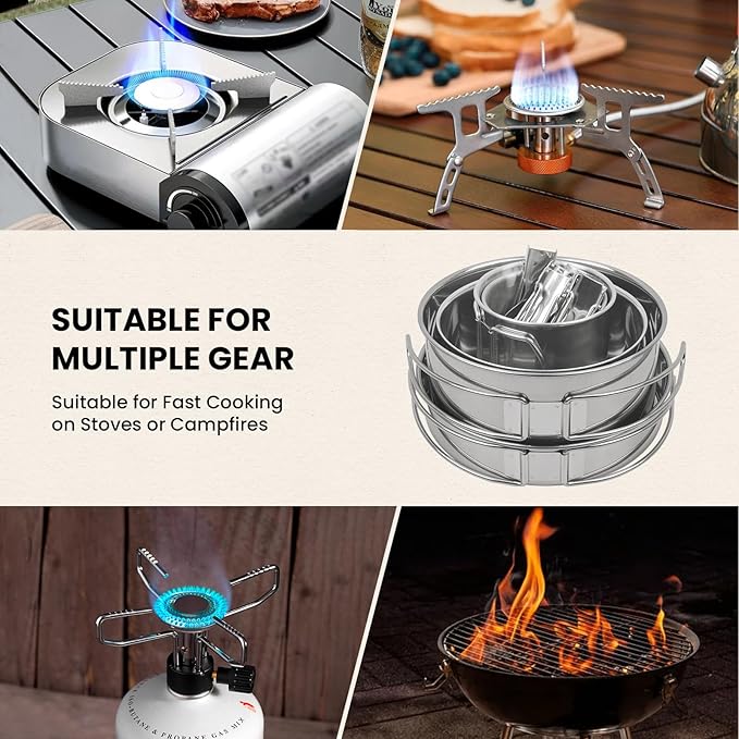 Camping Cookware Mess Kit Outdoor: GEEKHOM 14PCS Stainless Steel Camping Pots and Frying Pans, All-in-One Portable Camp Cookset Grilling Tools for Backpacking & Campfire (1-2 Person)