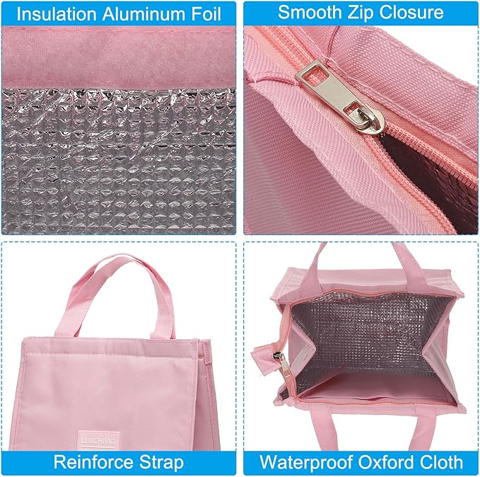 PATIKIL Insulated Lunch Bags, 10"x6"x13" Reusable Bento Bags Thermal Lunch Tote Portable Food Containers Bag for Men and Women, Pink