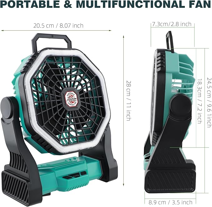 Roykaw Portable Camping Fan with 10400 mAh Rechargeable Battery, 36 Hrs Work, Ultra-bright LED Light & Cordless, Fit for Tent, Fishing, Bedroom, Office, Hurricane