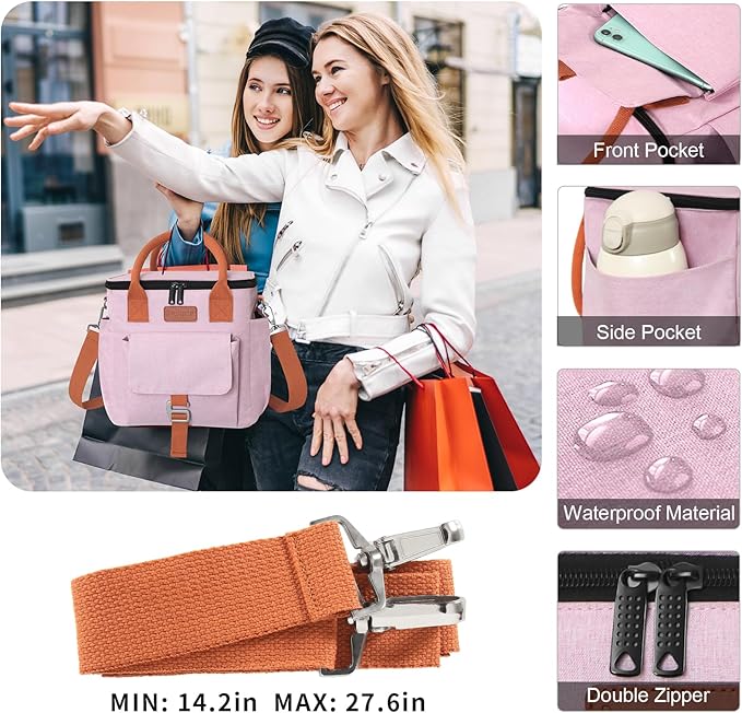 Joymee Insulated Lunch Bag for Women/Men, Waterproof Lunch Box for Office Work Picnic Beach, Reusable Large Leakproof Cooler Tote Bag with Adjustable Shoulder Strap & Side Pocket, Pink