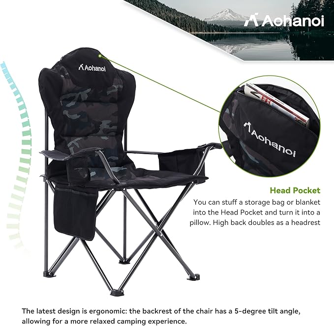 Camping Chairs for Heavy People, Folding Chairs for Outside Outdoor Folding Chairs with Cup Holder & Cooler Bag, Camp Chairs Supports up to 300lbs (1 PC, Camo)