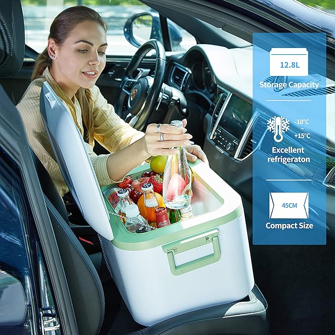 12 Volt Refrigerator Portable Car Freezer 13.5 Quart (12.8 Liter) Compressor Cooler 12V/24V DC 110～240 Volt AC for Truck Van RV Camper SUV Boat Travel Camping Road Trips Tailgating -18℃~+15℃