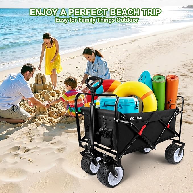 BEAU JARDIN Collapsible Folding Wagon Cart 460lbs Heavy Duty Foldable Garden Cart with All Terrain Beach Wheels Utility Wagon Cart for Camping Fishing Sports Shopping Black