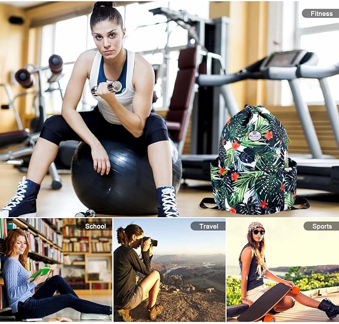 HUA ANGEL Floral Print Drawstring Bag - Lightweight Waterproof Cinch Sackpack with Side Pocket for Men & Women Travel Gym Bag