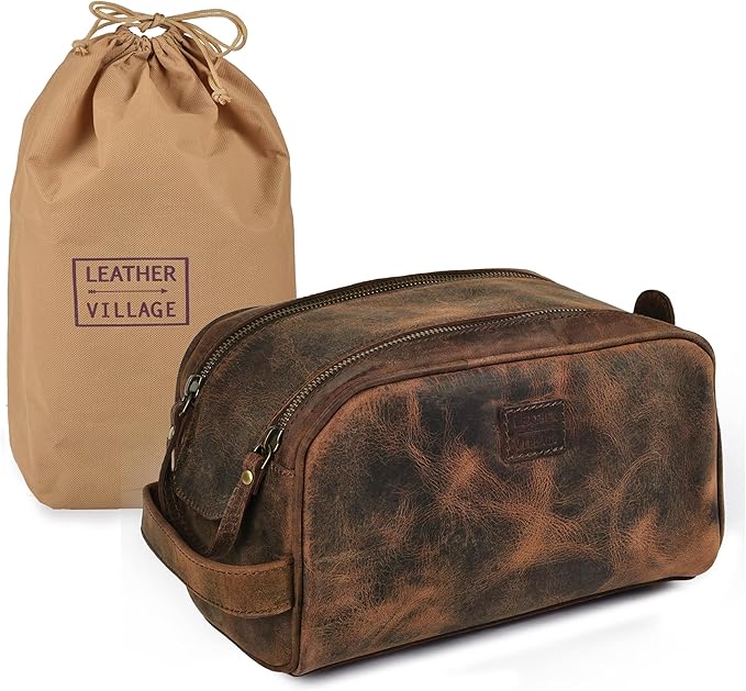 LEATHER VILLAGE Premium Leather Toiletry Travel Pouch With Waterproof Lining - Brown | King-Size Handcrafted Vintage Dopp Kit Bag