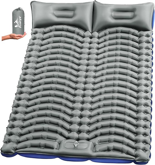 Double Sleeping Pad for Camping - Ultralight Camping Mattress with Pillow, Built-in Foot Pump, Compact Inflatable 2-Person Portable Mat for Backpacking, Hiking, Car Traveling, Beach, Tent