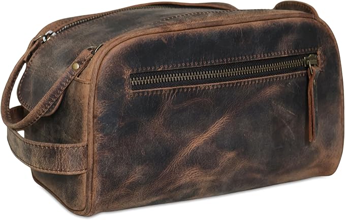 Premium Buffalo Leather Dopp Kit Toiletry Bag – Rustic Vintage Style Travel Organizer with Zipper Closure – Leather Shaving Bag for Men & Women and Spacious with Easy Carry Handle