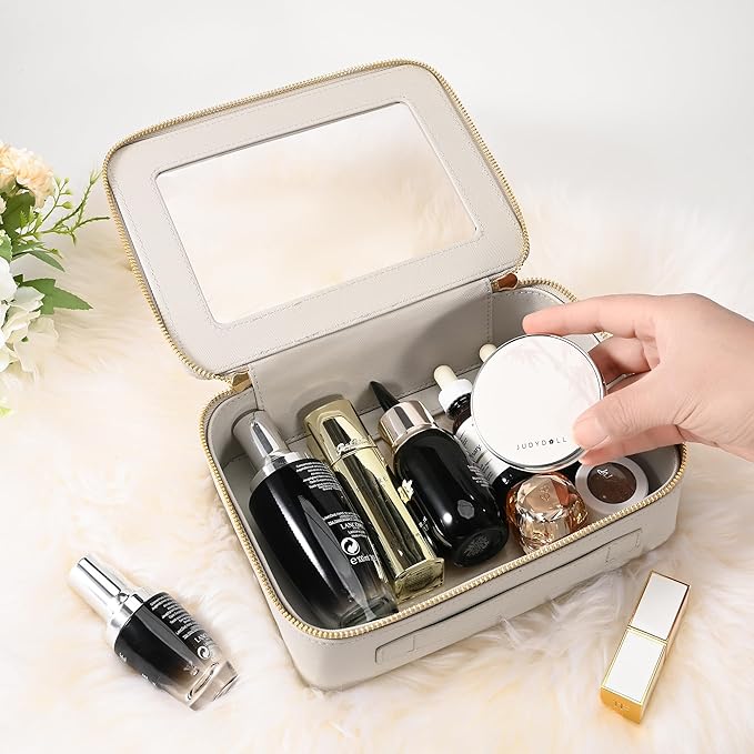 Aveniee Clear Makeup Bag for Women, Large Clear Cosmetic Bags Travel Toiletry Bag, Heavy Duty Makeup Organizer, Makeup Train Case with Clear Windows & Gold Zippers(Grey)