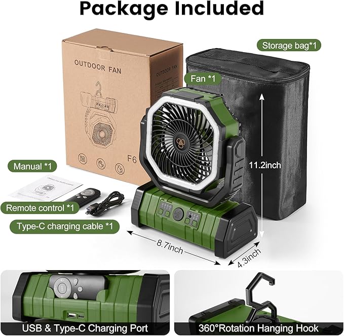 Odoland 30000mAh Camping Fan with LED Lantern, Rechargeable Battery Operated Oscillating with Remote Hook Stroage Bag, Portable Tent Fan with Timer, 4 Speeds for Outdoor RV Jobsite Power Outage, Green