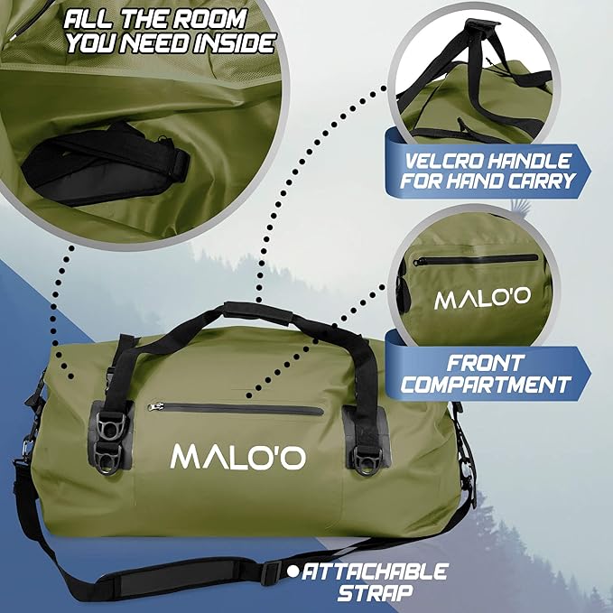 Malo'o Waterproof Dry Bag Duffel 40L/60L/100L, Roll Top Duffel Keeps Gear Dry for Kayaking, Rafting, Boating, Swimming, Camping, Hiking, Beach, Fishing - Internal & External Pockets and Molle Loops