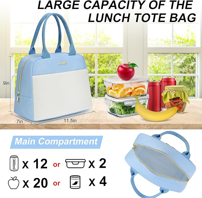 LOKASS Lunch Bag for Women-Insulated Adults Lunch Box with Front Pocket- Small Cute Lunch Tote for Work-Reusable Cooler Bag for Office Picnic Beach or Travel (Sky Blue)