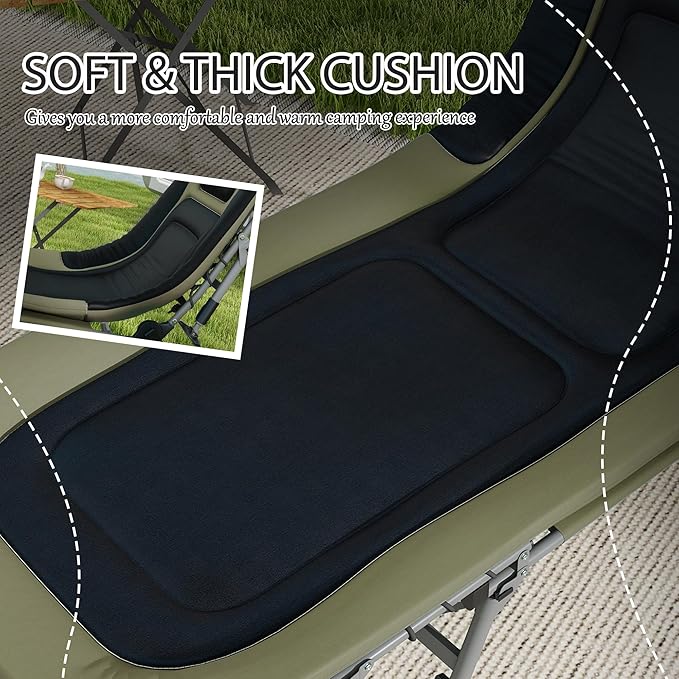 Outsunny Camping Cot for Adults, Folding Bed with Soft Padded Cushions & Headrest, 180° Adjustable Reclining Lounger, Heavy Duty and Portable with a 400 lbs. Capacity, Dark Green