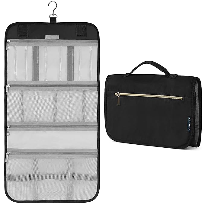 PAVILIA Hanging Toiletry Bag Women Men, Travel Kit Foldable Large Toiletries Organizer, Roll up Cosmetics Makeup Bag Accessories, Waterproof Essentials Jewelry Case (Black)