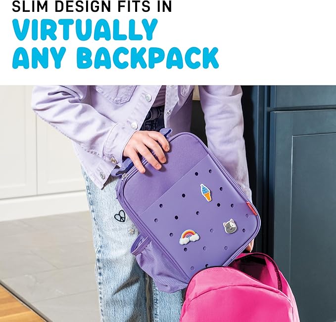 Fit & Fresh Charm Lunch Bag For Kids, Thermal Insulated Lunch Box For Kids Boys & Girls With Shoe Charm Slots For Personalization, School Lunch Box, Purple