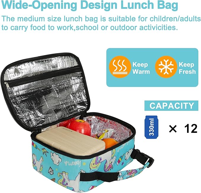 esouler Lunch Box Kids Insulated Lunch Bag for Boys & Girls Durable Children Lunchbox for School with Water Bottle Holder-Blue Unicorn