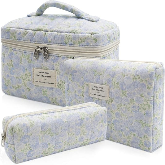 3pc Makeup Bag Set, Quilted Makeup Bag Set, Large Floral Cosmetic Bag for Women, Cute Cotton Makeup Bags, Flower Travel Toiletry Organizer Bag (Green Leaves Blue Flowers)