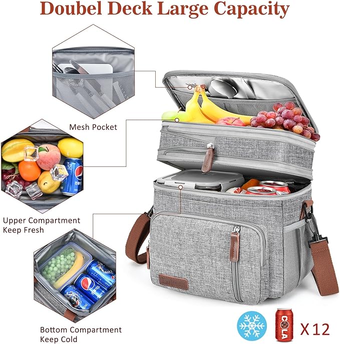 Lunch Box & Lunch Bag for Women Men, Large Insulated Adult Lunch Box Leakproof Lunchbox Cooler Bag for Work Picnic Beach,16L, Gray