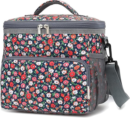 Insulated Reusable Lunch Bag Adult Large Lunch Box for Women and Men with Adjustable Shoulder Strap,Front Zipper Pocket and Dual Large Mesh Side Pockets,Floral