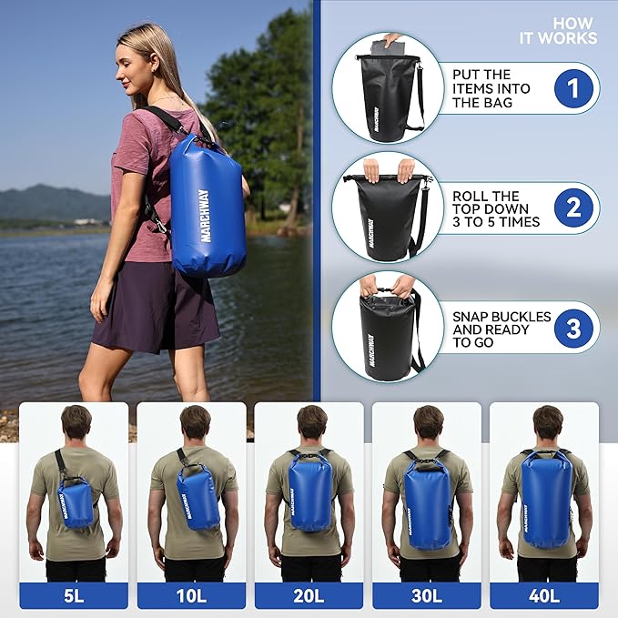 MARCHWAY Floating Waterproof Dry Bag Backpack 5L/10L/20L/30L/40L, Roll Top Sack Keeps Gear Dry for Kayaking, Rafting, Boating, Swimming, Camping, Hiking, Beach, Fishing