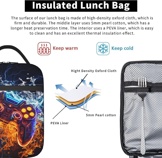 Video Game Controller Insulated Lunch Bag, Gaming Gadgets Lunch Box for Kids, Portable Reusable Zipper Fire and Water Game Lunch Box for Men Women School Work Travel
