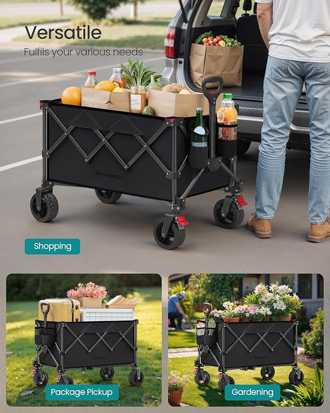 SONGMICS 40-Gallon Collaspible Wagon, Wagons Carts Foldable, for Camping Garden Outdoor, with Handle, Holds up to 330 lb, 4 Removable Wheels, Space-Saving, Ink Black UGFW115B01