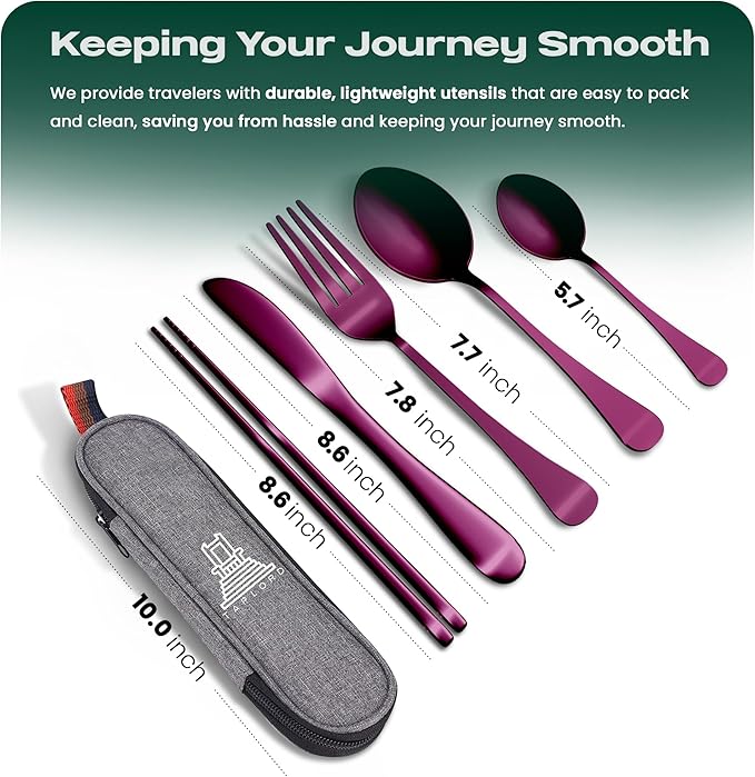 Portable Travel Silverware Set With Case, Includes 5 Pcs of Travel Utensils With Case, Stainless Steel Flatware Set For Camping, Easy to Travel, Lightweight (Purple), Medium, TL-05P