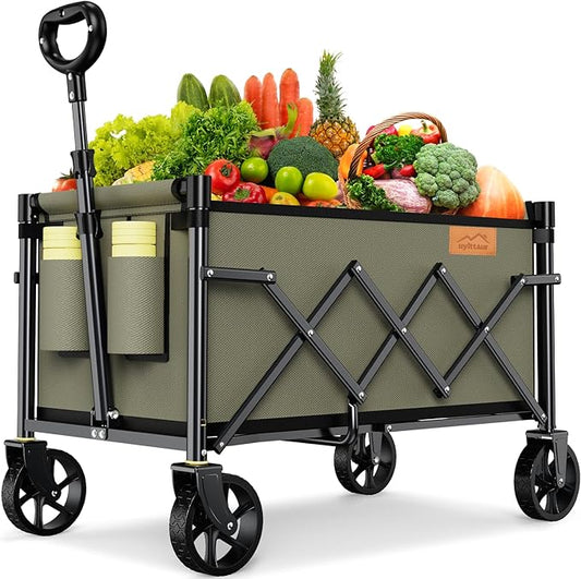 Collapsible Wagon Cart Foldable with 220lbs Weight Capacity, Lightweight Portable Folding Grocery Shopping Cart with Wheels for Camping Sports Beach and Shopping, Khaki