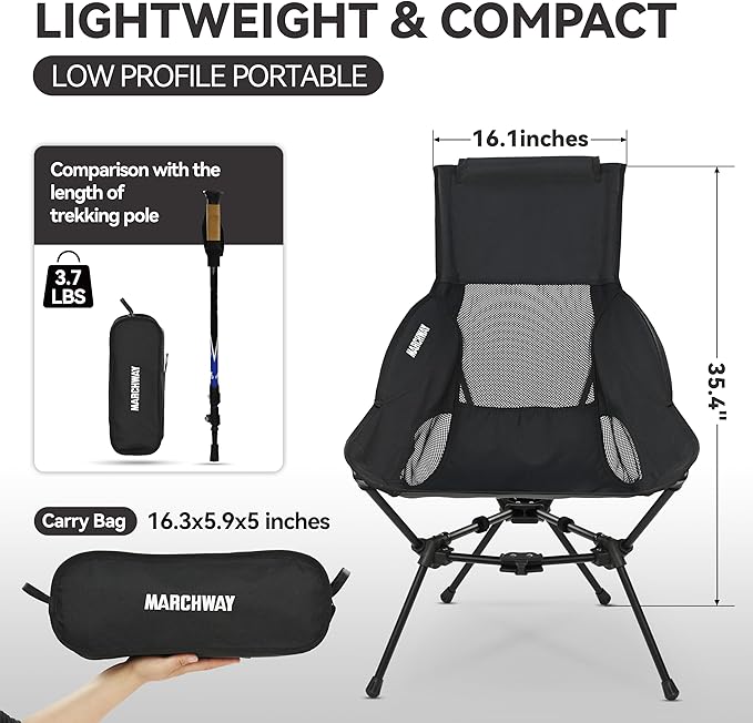 MARCHWAY Lightweight Folding High Back Camping Chair with Head Support, Stable Portable Compact for Outdoor Camp, Travel, Beach, Picnic, Festival, Hiking, Backpacking (Highback Black)