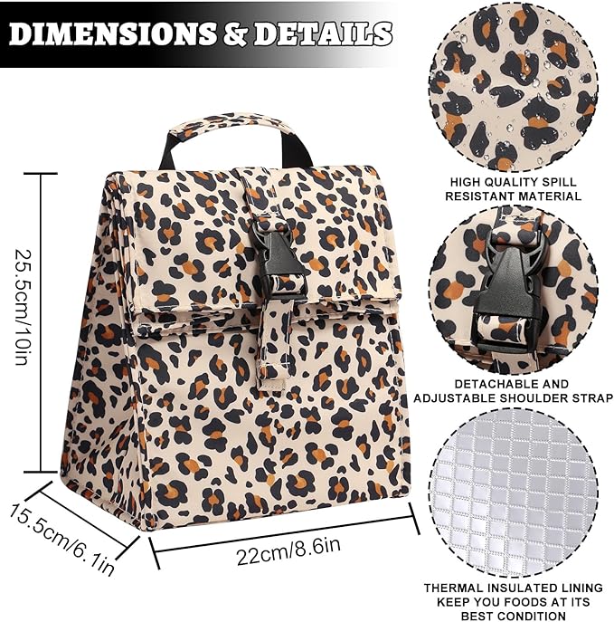 Insulated Foldable Lunch Bag- Lightweight Portable with Adjustable Shoulder Strap Lunch Box for Men, Women, Office, Work, Picnic, Hiking and Beach (Leopard(Soft Fabric))