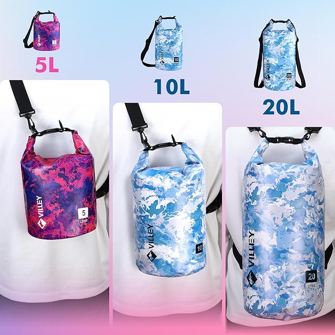 VILLEY Dry Bag Waterproof 5L Roll Top Sack Keeps Gear Dry Lightweight Dry Sack with Waterproof Phone Case for Kayaking Boating Camping Swimming and Beach Adventures Red Camo