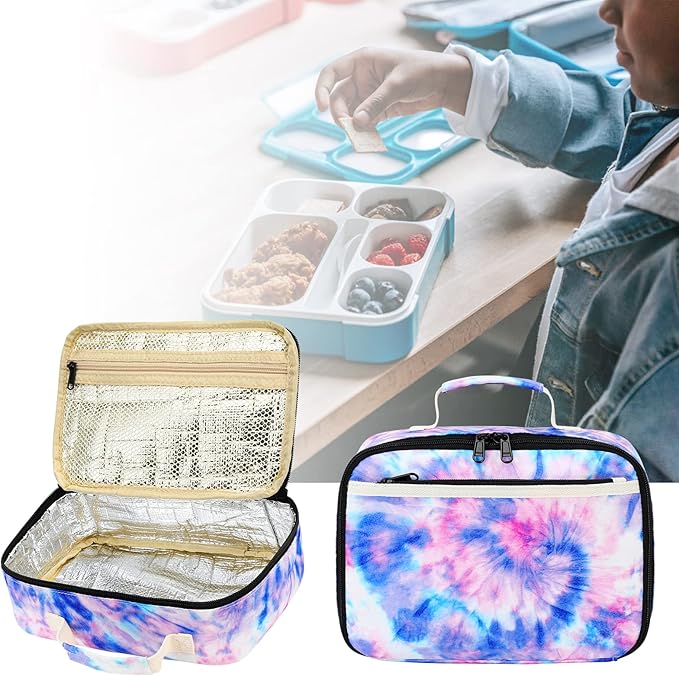 Kids Lunch Box Boys Girls Insulated Lunch Cooler Bag Reusable Lunch Tote Kit for School Travel (Tie-dye blue)