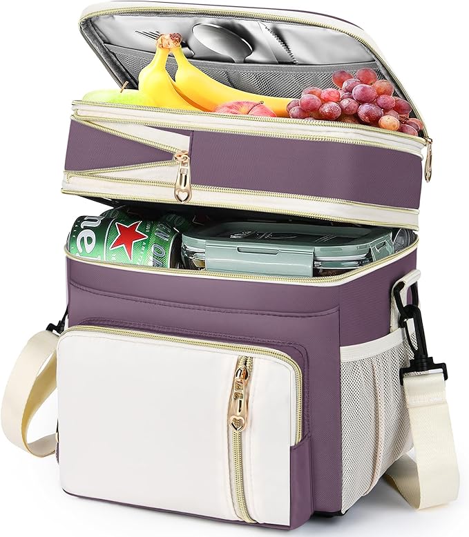 Lunch Box & Lunch Bag for Women, Large Insulated Adult Lunch Box Leakproof Lunchbox Cooler Bag for Work Picnic Beach,16L, Pink-purple & White