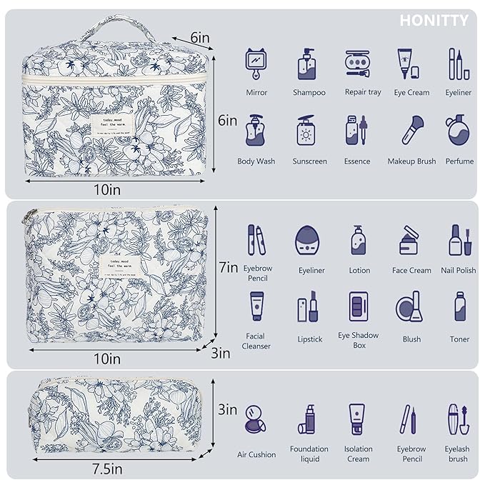 Makeup Bag,Quilted Cosmetic Bags,Large Floral Make Up Organize bag,Makeup Bag Set for Women,Flower Travel Toiletry Bag