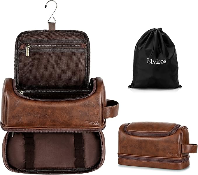 Elviros Toiletry Bag for Mens PU Leather Travel Organizer Kit with Hanging hook, Large Water-resistant Toiletries Bathroom Shaving Bags (Extra Large, Dark Brown)