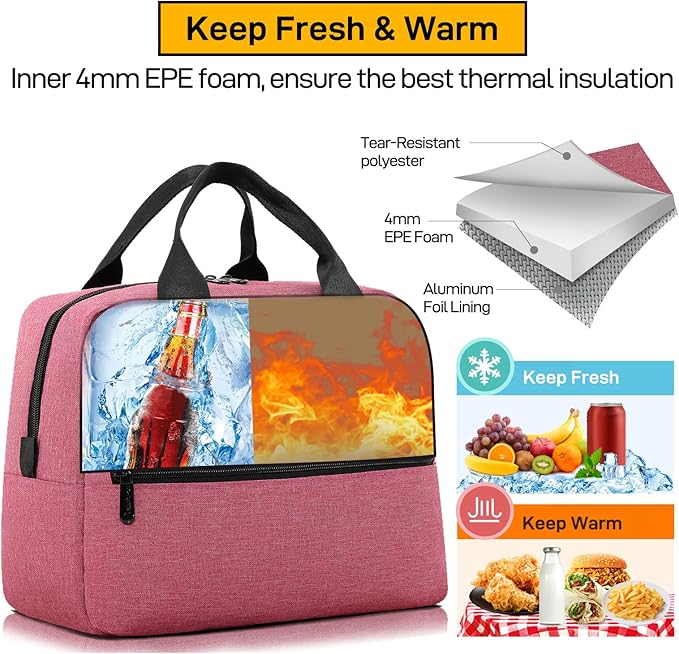 HOMESPON Insulated Lunch Bag for Women Men Lunch Box Cooler Lunch Tote for Work Picnic (Rose)