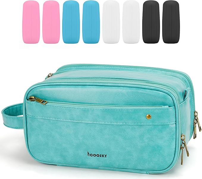 Travel Toiletry Bag for Men, Large Hanging Toiletries Organizer Bags for Women, Cruise Ship Essentials, Water-resistant Shaving Case, PU Leather Makeup Accessories, Cosmetic Dopp Kit, Lake Blue