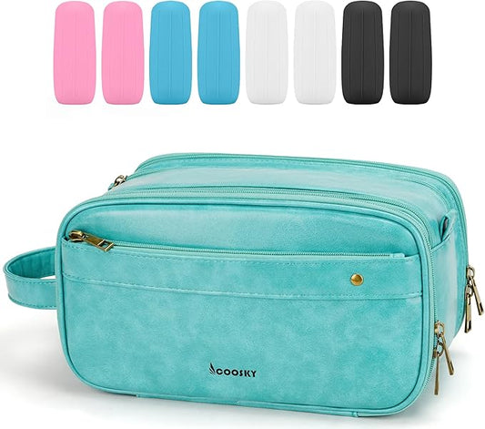 Travel Toiletry Bag for Men, Large Hanging Toiletries Organizer Bags for Women, Cruise Ship Essentials, Water-resistant Shaving Case, PU Leather Makeup Accessories, Cosmetic Dopp Kit, Lake Blue