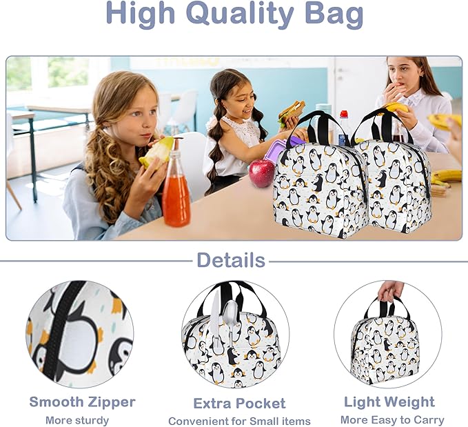 Cute Penguins Lunch Box,Insulated Lunch Bag for Girls Boys,Reusable Lunch Box for Kids Adults School Student Work Picnic Travel