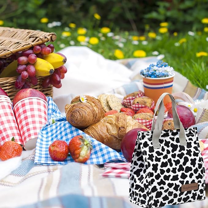 Lunch bag, Insulated Lunch Bag for Women Men, Lunch Containers Reusable Lunch Tote Bags for Work, Travel, Outdoor (Cow Print)