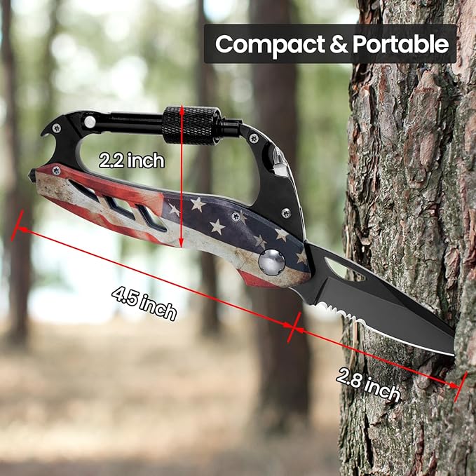 Multitool Carabiner Knife Tools for Men, Cool Gadgets Survival Gear with Folding Knives, Bottle Opener, Window Breaker and Screwdriver for Hiking Camping, 7-in-1 EDC Multi Tool (USA Flag)